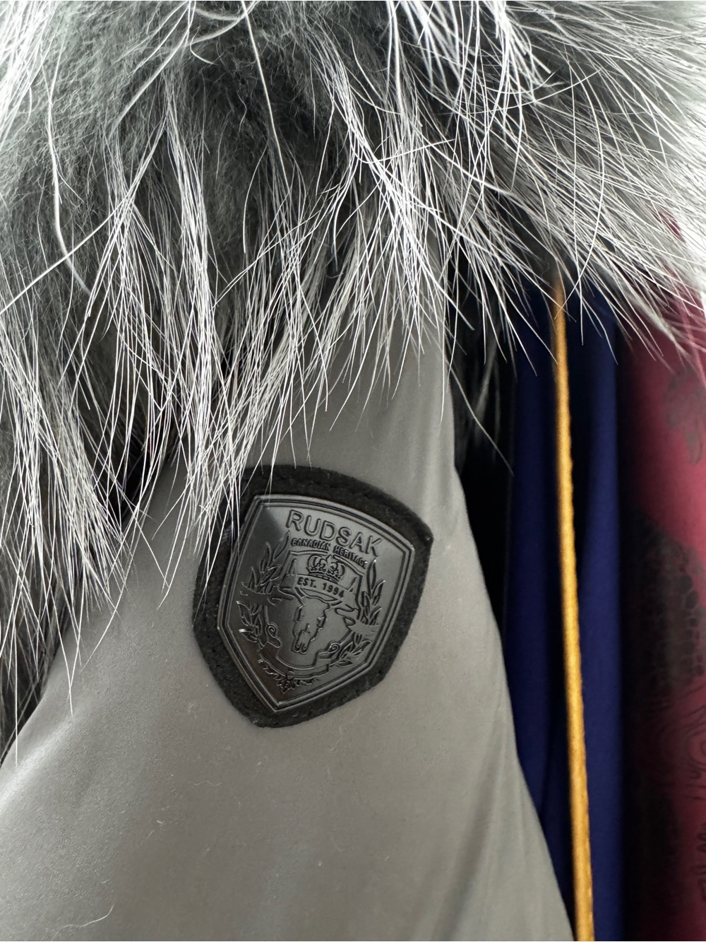 Puffy RUDSAK woman’s gray coat with Silver Fur Trim